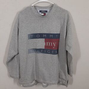 Vtg Tommy Hilfiger Adult Mens L Gray USA Made Crew Neck Sweatshirt Double Sided